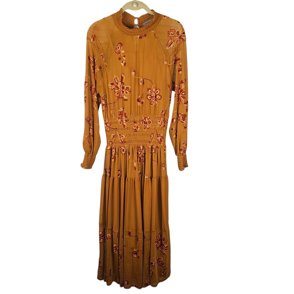 Figueroa & Flower Womens Brown Embroidered Smocked Maxi Dress Medium